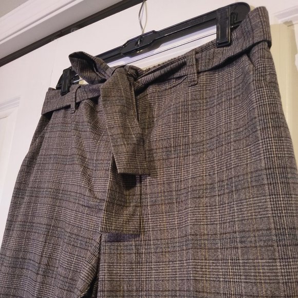 Reitmans Brown Plaid High-Waisted Dressy Work Pants w Tie Belt - Picture 2 of 5